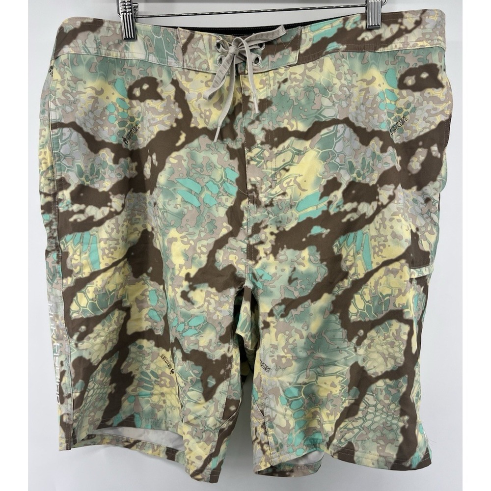 Huk Fishing Board Shorts Kryptek Obscura Teal Tan Brown Tagged 40 Meas 42 10" In